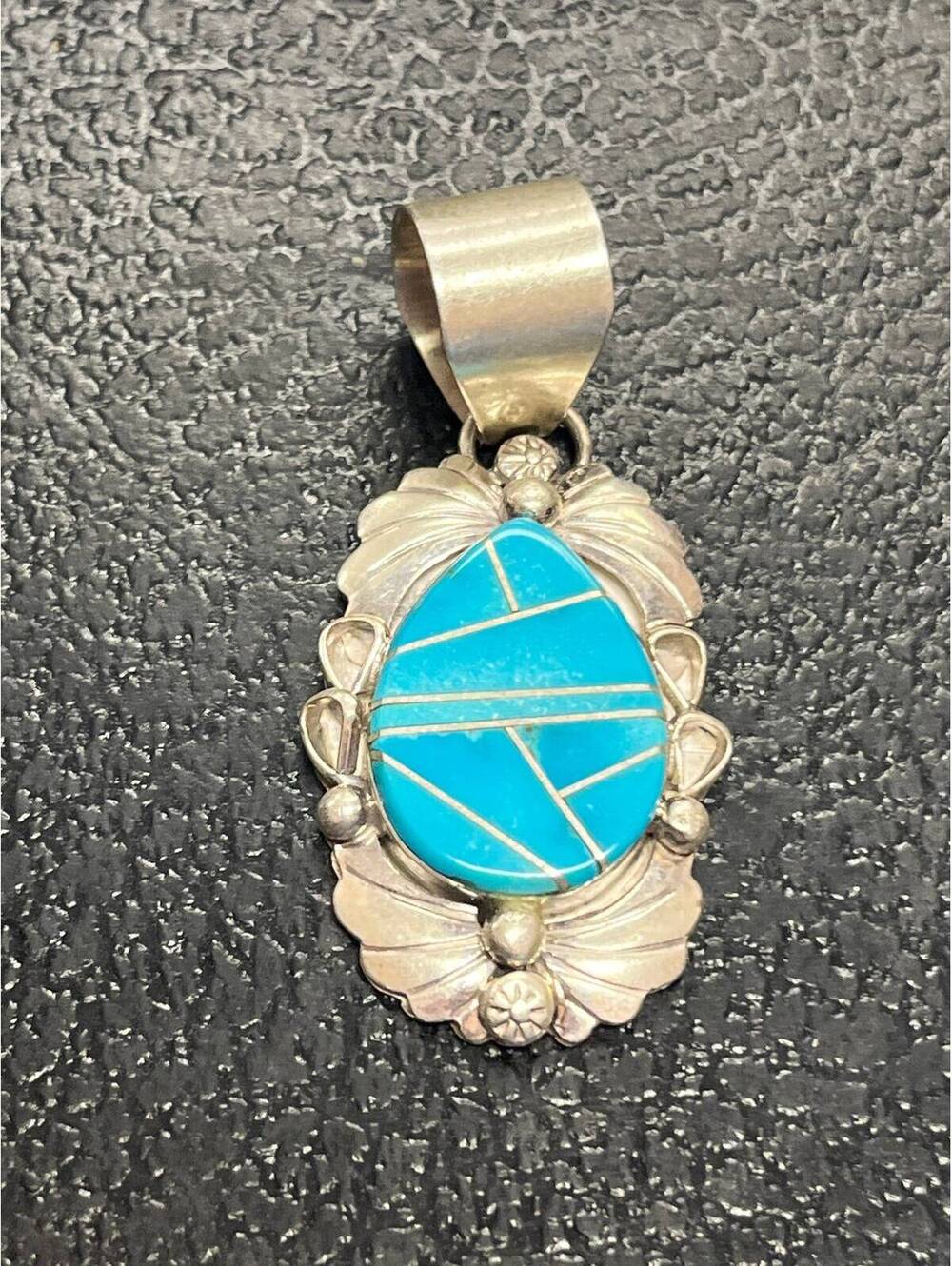 Native American Navajo handmade sterling silver turquoise inlay cluster pendant